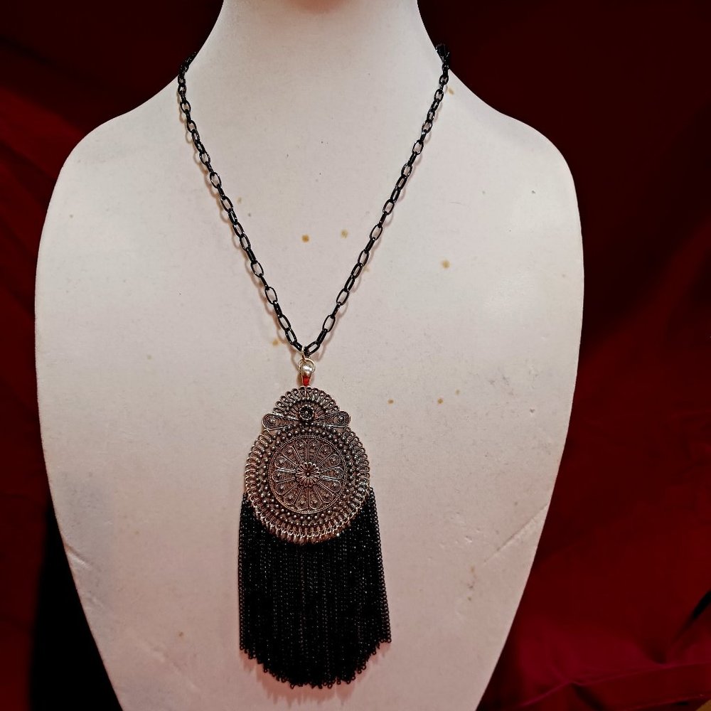 Handmade Black and Dark Silver Tassel Statement Fashion Medallion Necklace